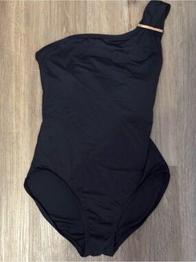 Michael Kors One Shoulder Black Swimsuit Gold Bar Size 6